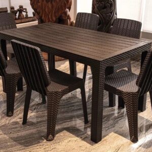 MESA ROBLE CON RATAN 150 X 80 + 6 SILLAS TAVARUA MODELO RATAN REY