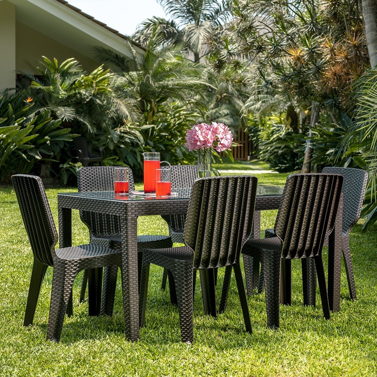 MESA TAVARUA MODELO RATAN 145 X 85 CON VIDRIO TEMPLADO + 6 SILLA TAVARUA MODELO RATAN REY