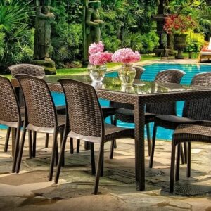 Mesa Tavarua Modelo Ratan 180 x 95 C/ Vidrio Templado + 8 Silla Modelo Ratan Sin Brazo Rey
